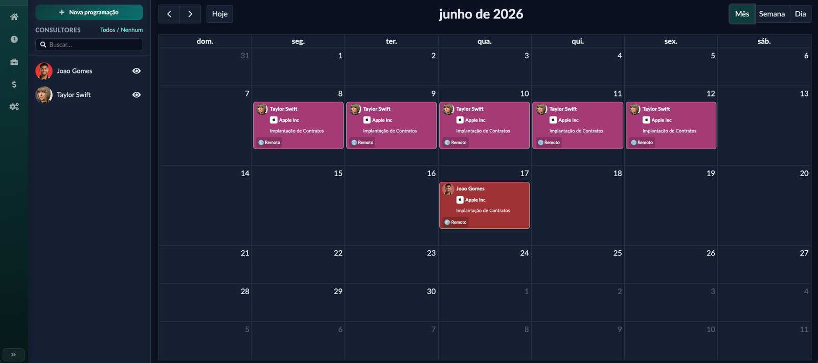 Agenda de alocação de consultores por cliente e projeto.