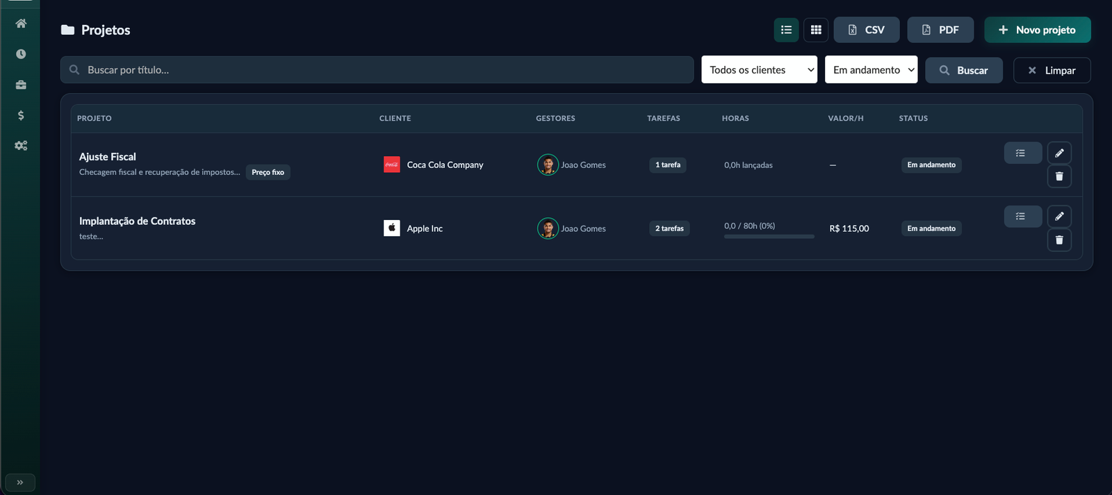 Tela de projetos do uTasky com clientes, gestores, tarefas, horas e status.